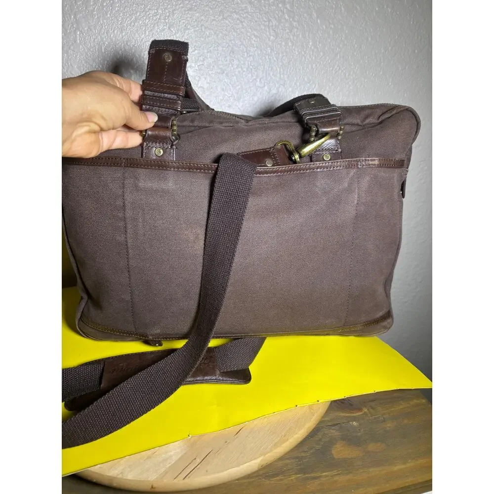 Tommy Bahama Tobago Briefcase Laptop Bag Canvas & Leather Carry Strap Map Lining